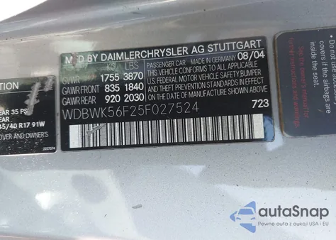 2005 Mercedes-Benz Slk 350 from USA, damaged, VIN WDBWK56F25F027524